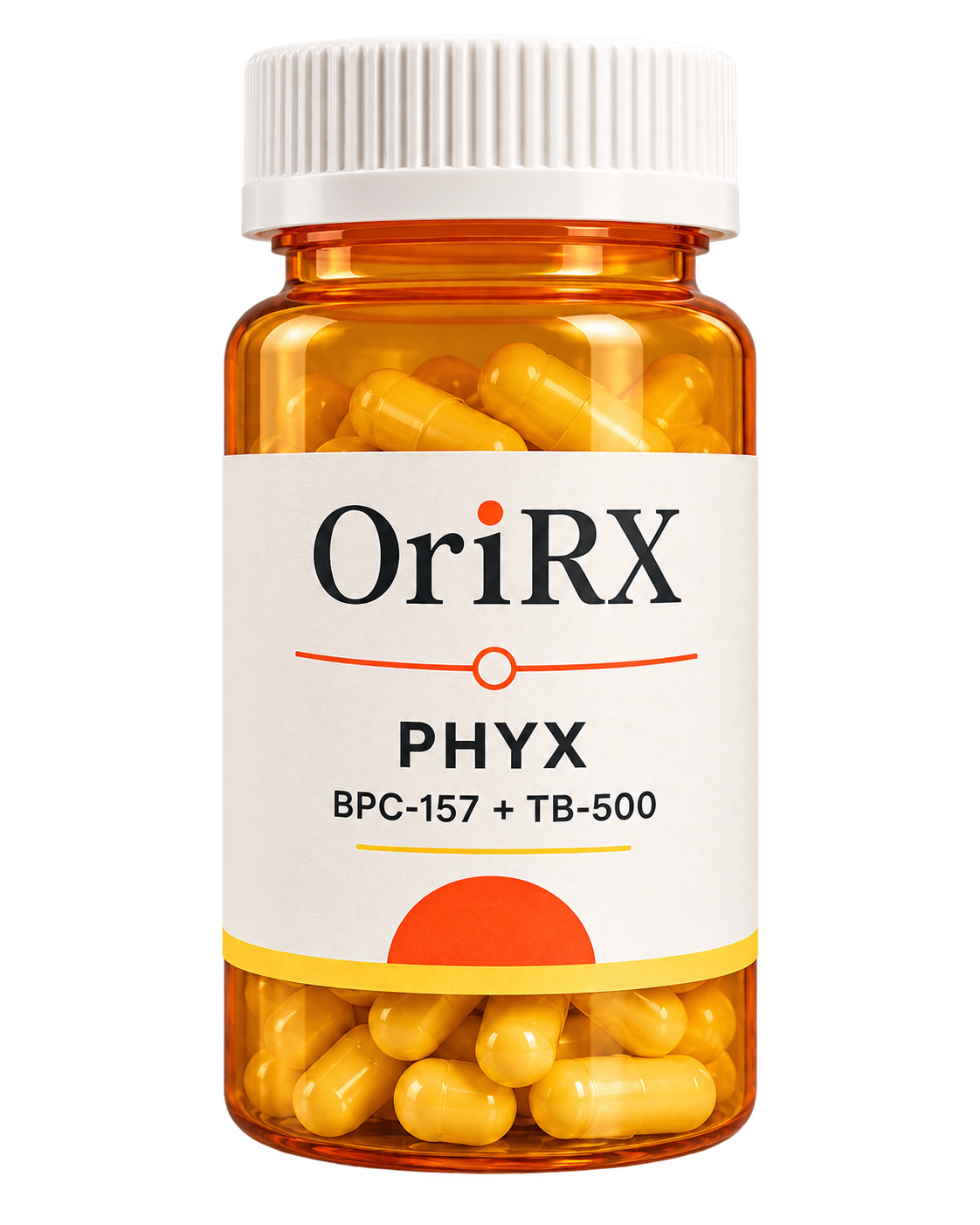 Amber OriRX PHYX bottle with yellow capsules